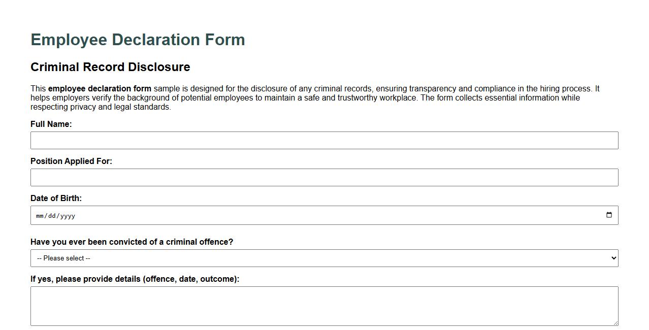 Employee declaration form sample for criminal record disclosure image preview
