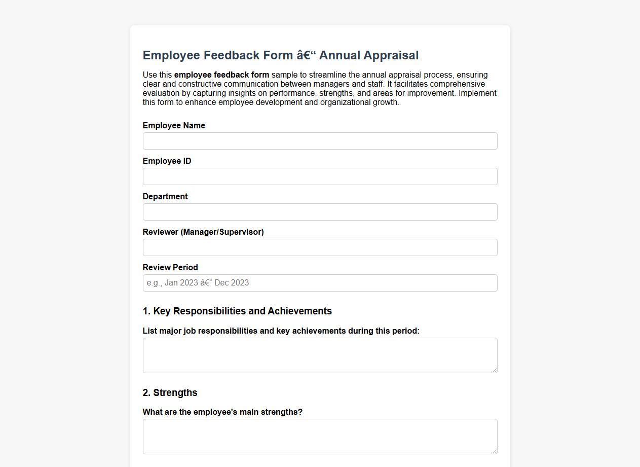 Employee feedback form sample for annual appraisal image preview