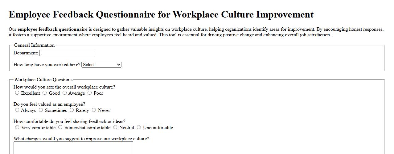 Employee feedback questionnaire for workplace culture improvement image preview