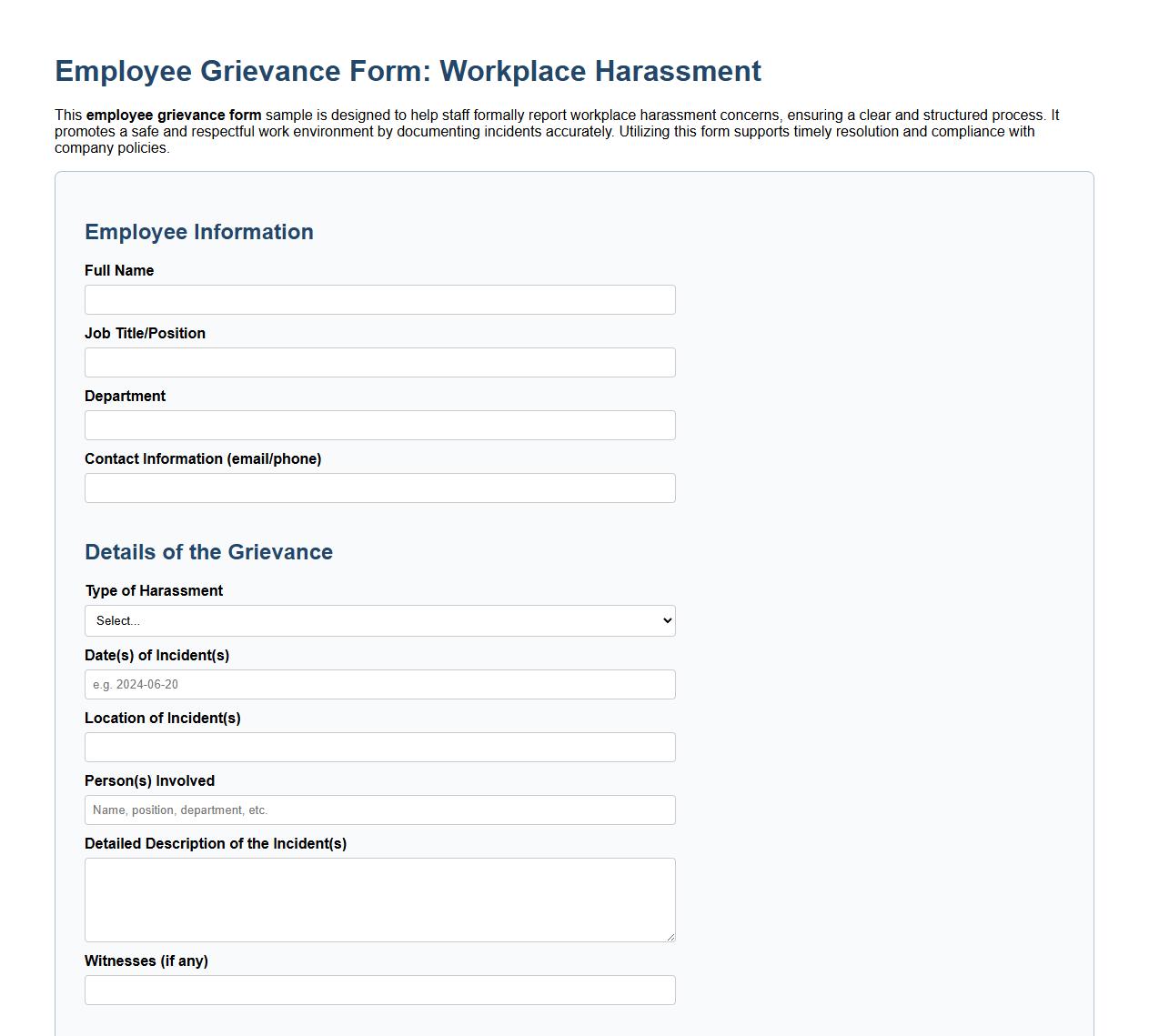 Employee grievance form sample for workplace harassment image preview