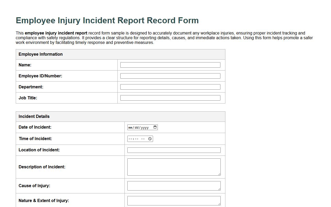 employee injury incident report record form sample image preview