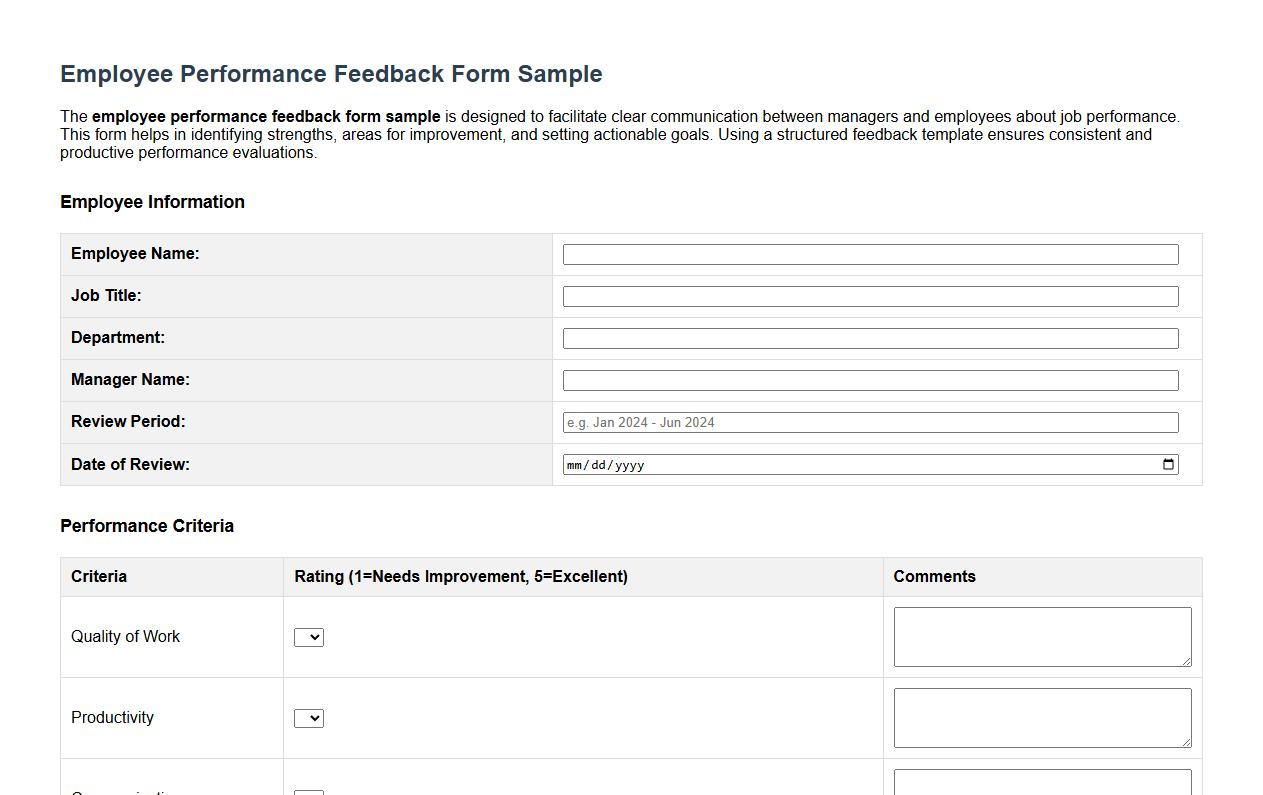 employee performance feedback form sample image preview