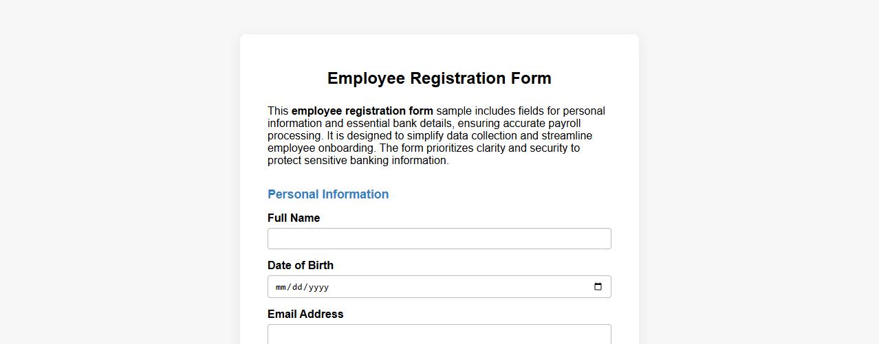 Employee registration form sample with bank details image preview