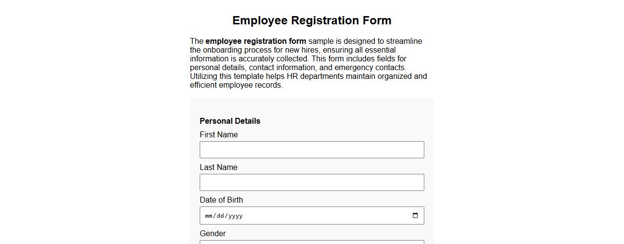 Employee registration form sample for new hires image preview