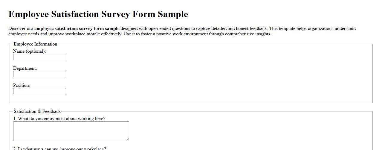 Employee satisfaction survey form sample with open-ended questions image preview