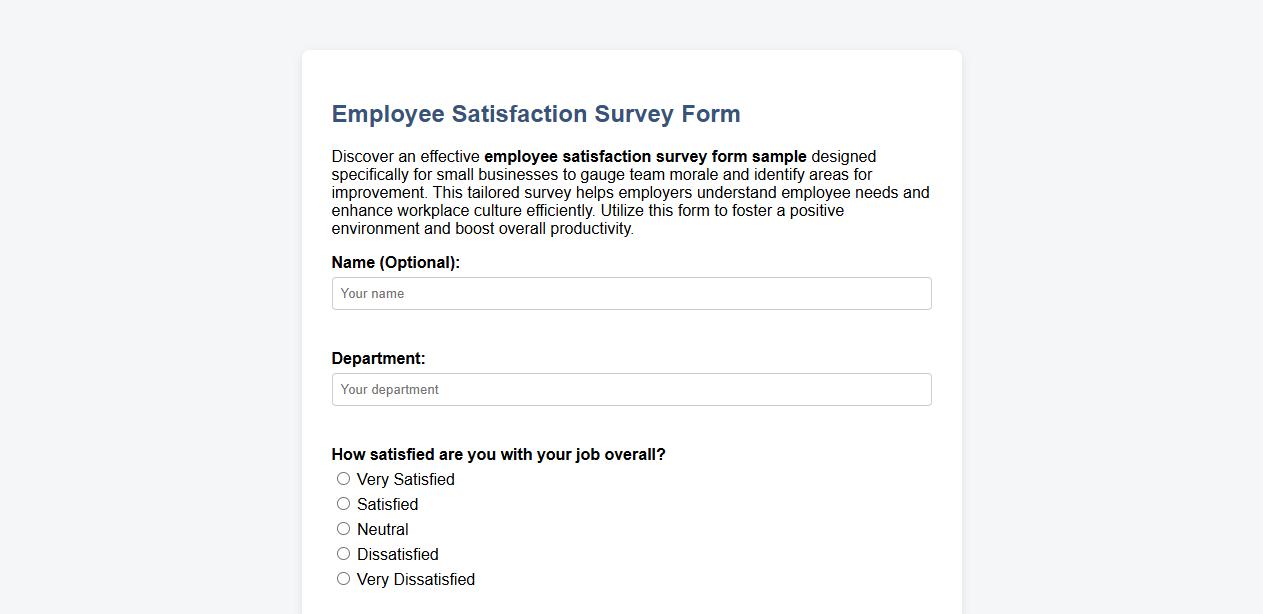 Employee satisfaction survey form sample for small businesses image preview
