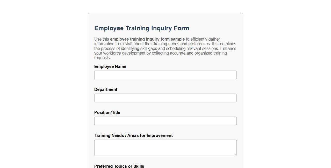 employee training inquiry form sample image preview