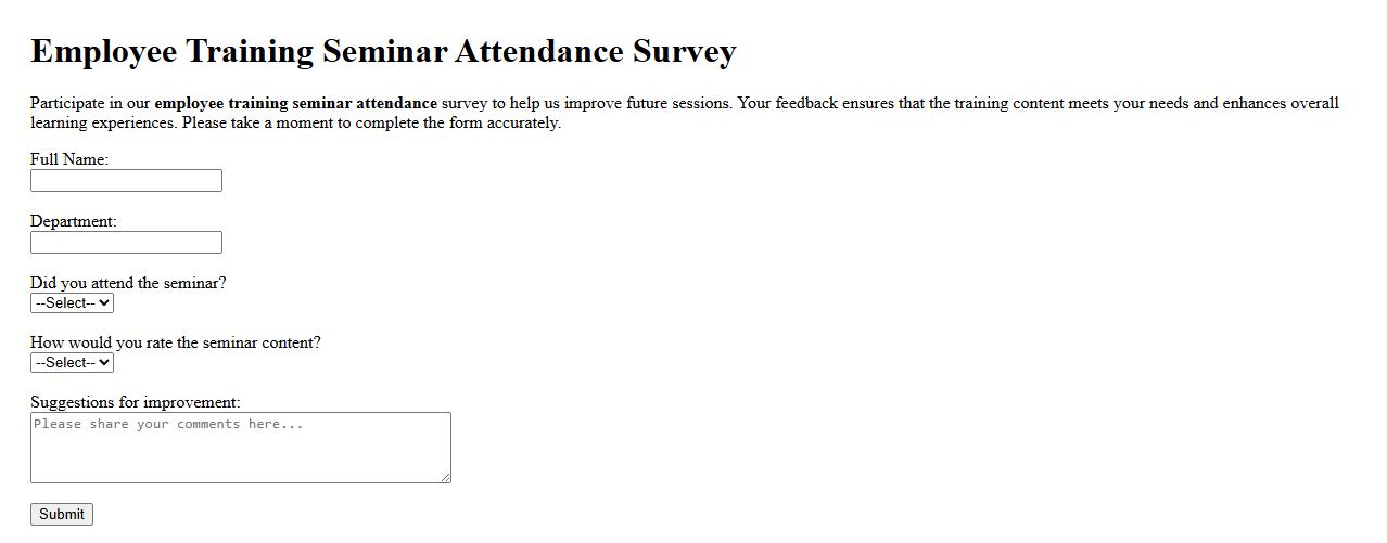 Employee training seminar attendance survey form image preview
