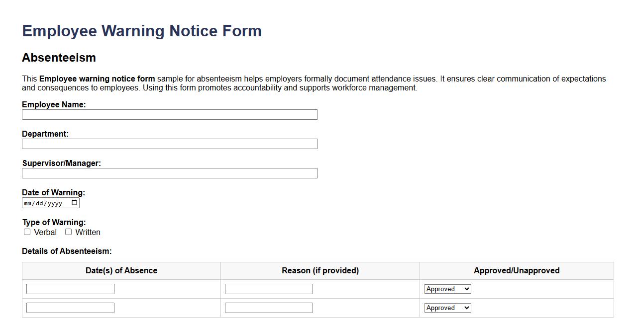 Employee warning notice form sample for absenteeism image preview