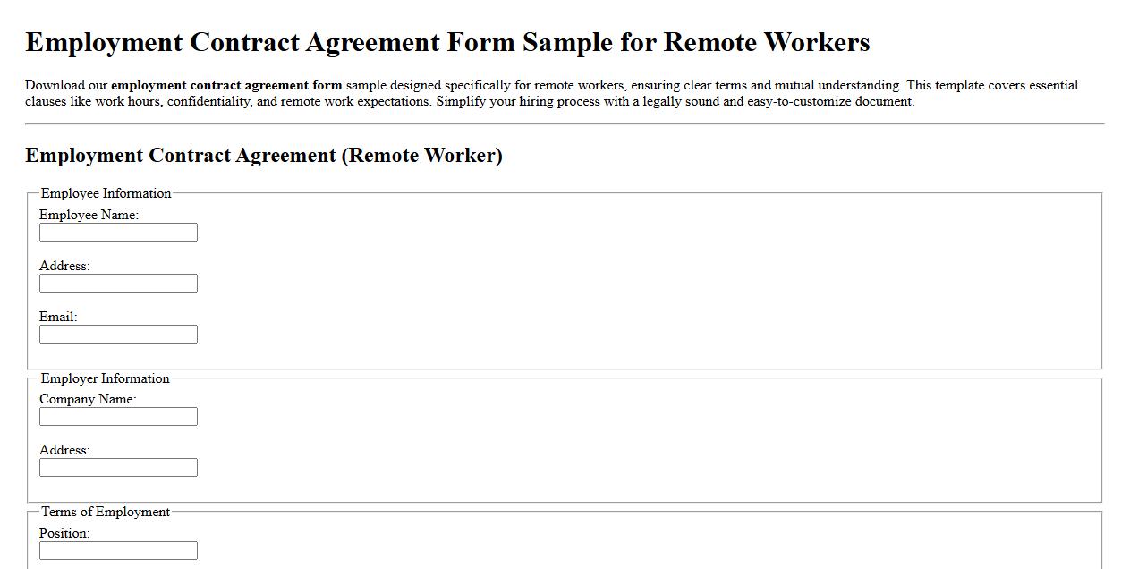 employment contract agreement form sample for remote workers image preview