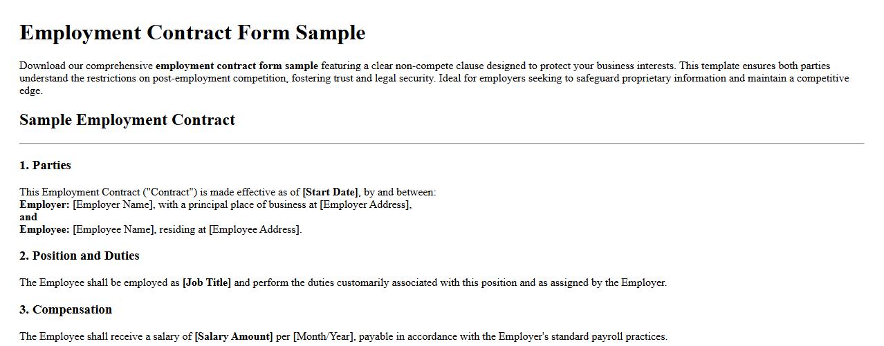 Employment contract form sample with non-compete clause image preview