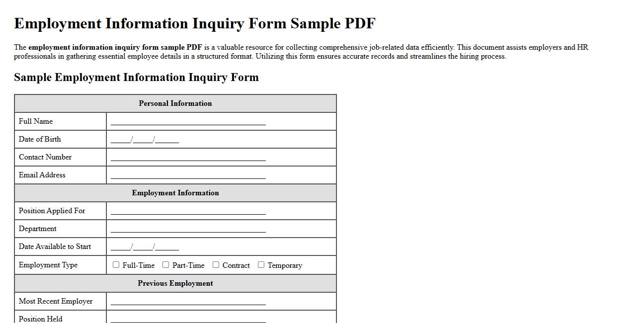 employment information inquiry form sample PDF image preview