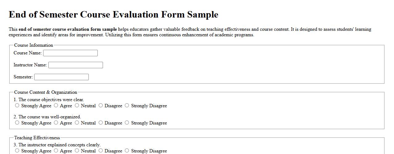 End of semester course evaluation form sample image preview