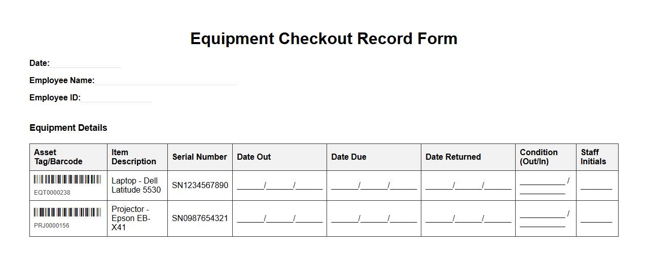 equipment checkout record form sample with barcode tracking image preview