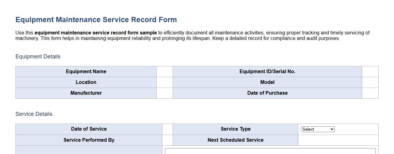equipment maintenance service record form sample image preview