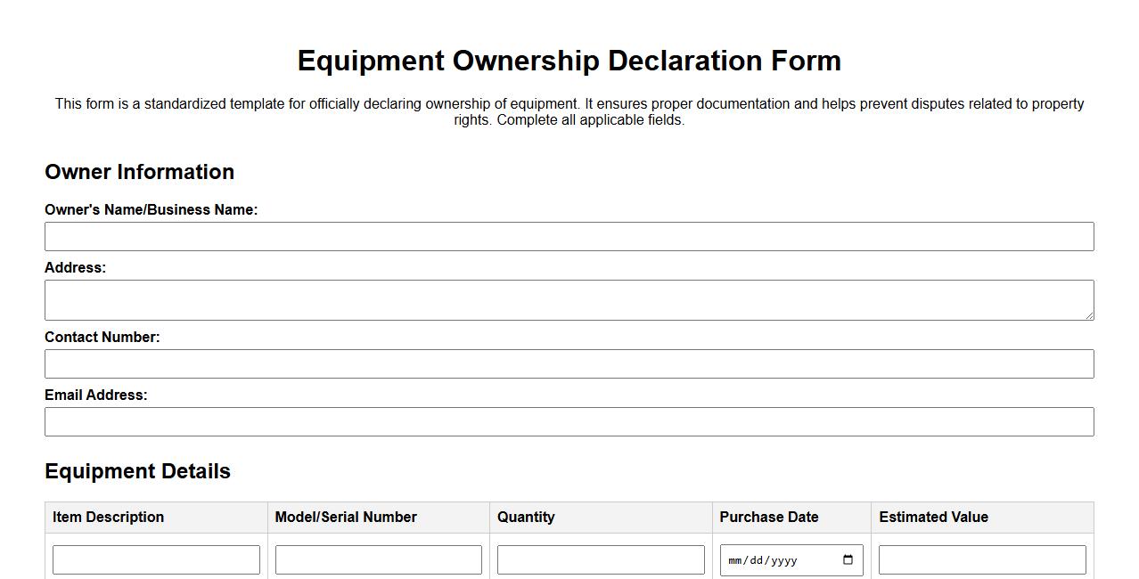 Equipment ownership declaration form sample image preview