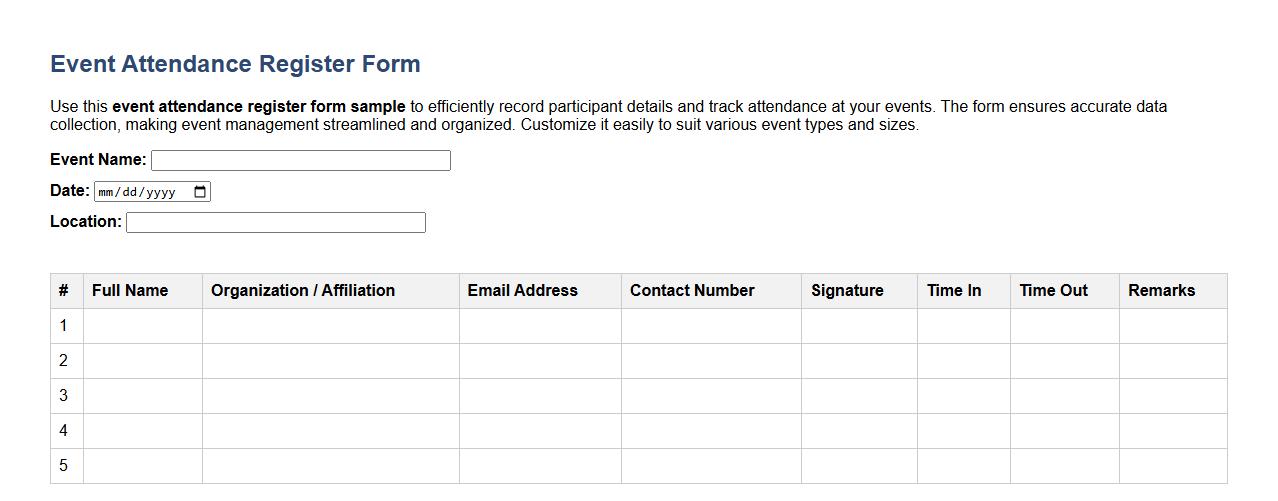 event attendance register form sample image preview