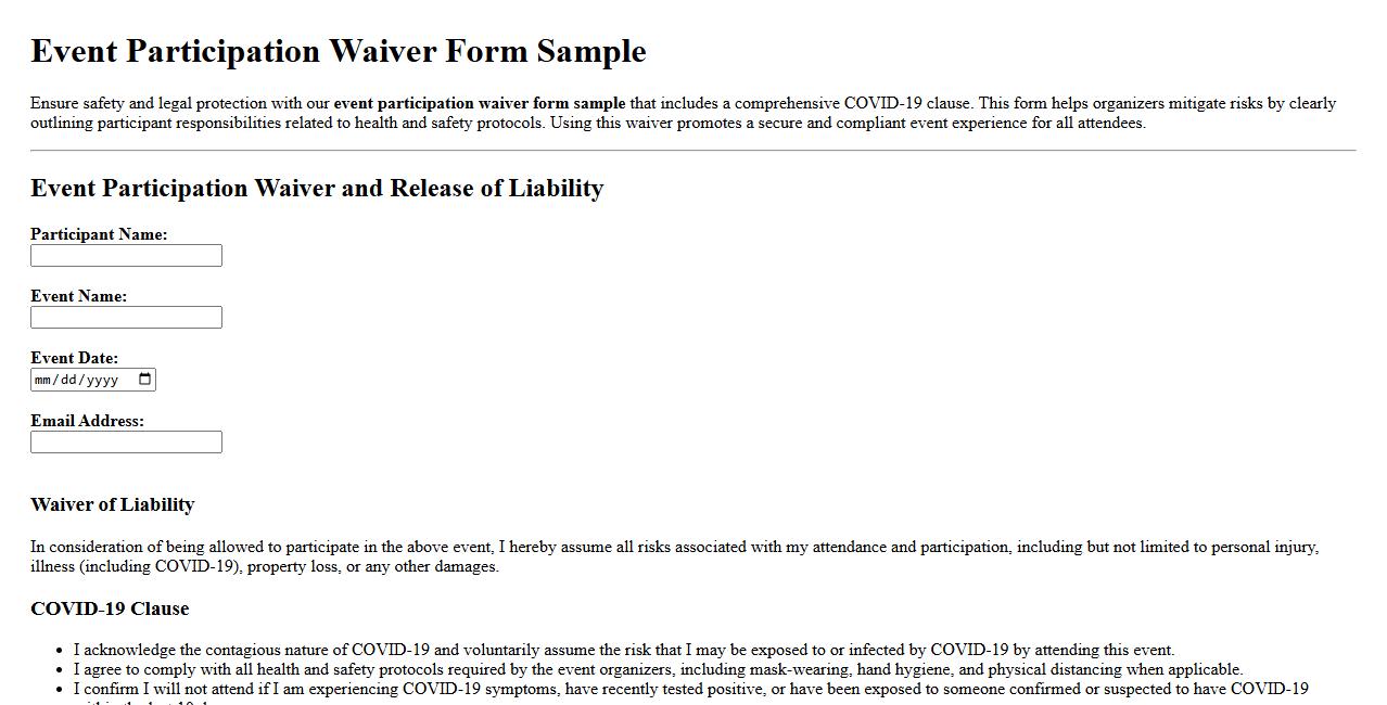 Event participation waiver form sample with COVID-19 clause image preview