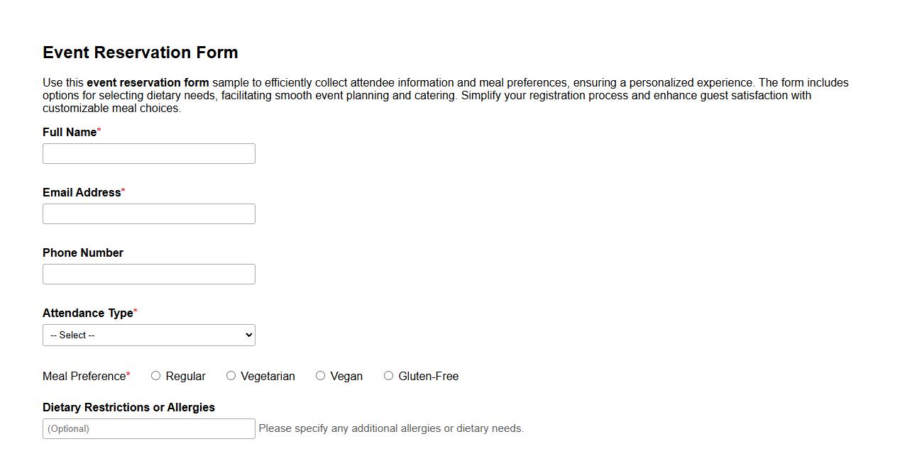 Event reservation form sample with meal preference options image preview
