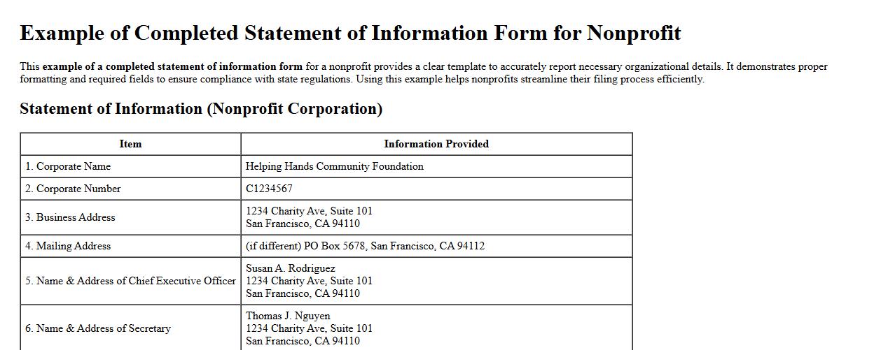 Example of completed statement of information form for nonprofit image preview