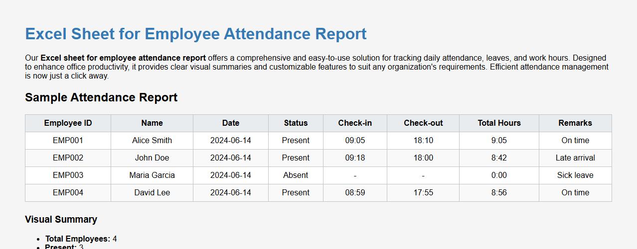 excel sheet for employee attendance report image preview
