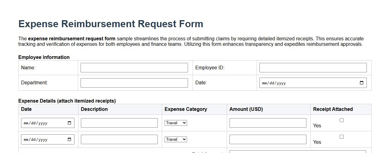 Expense reimbursement request form sample with itemized receipts image preview