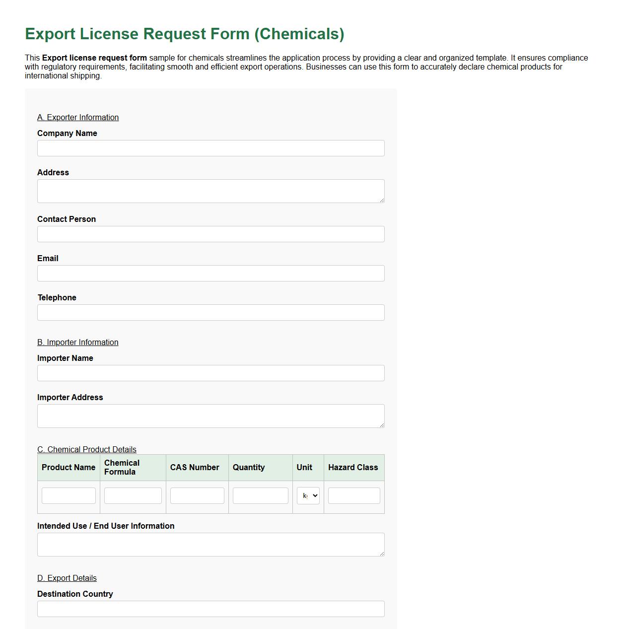 Export license request form sample for chemicals image preview