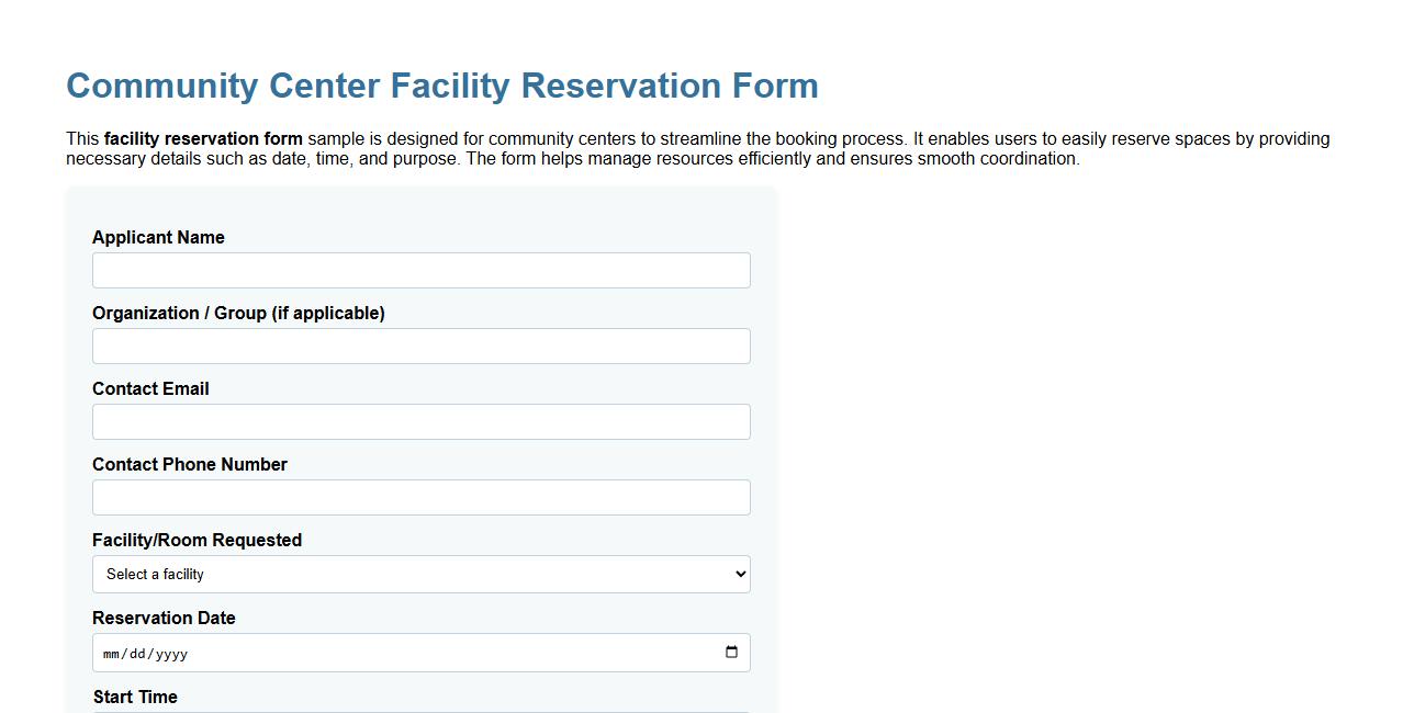 Facility reservation form sample for community centers image preview