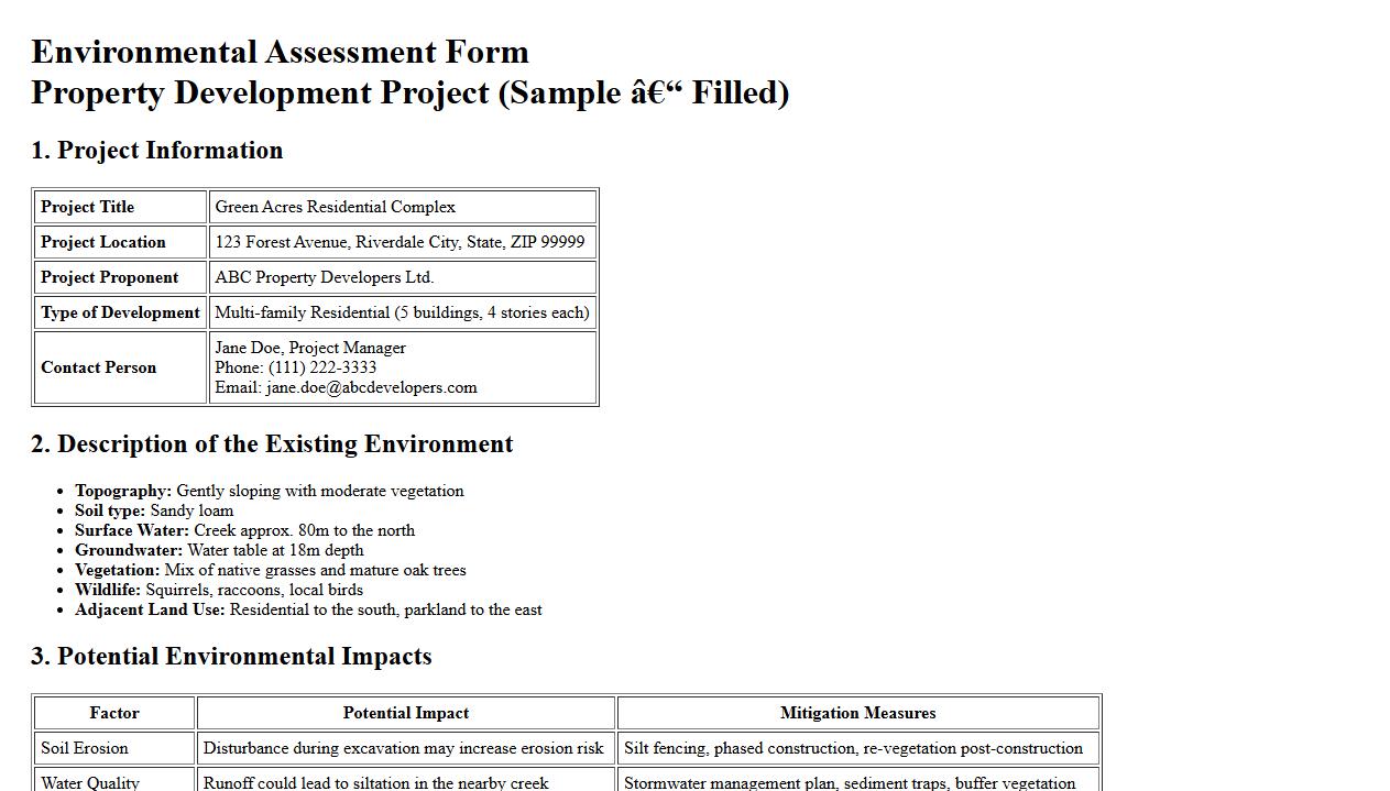 filled environmental assessment form sample for property development image preview