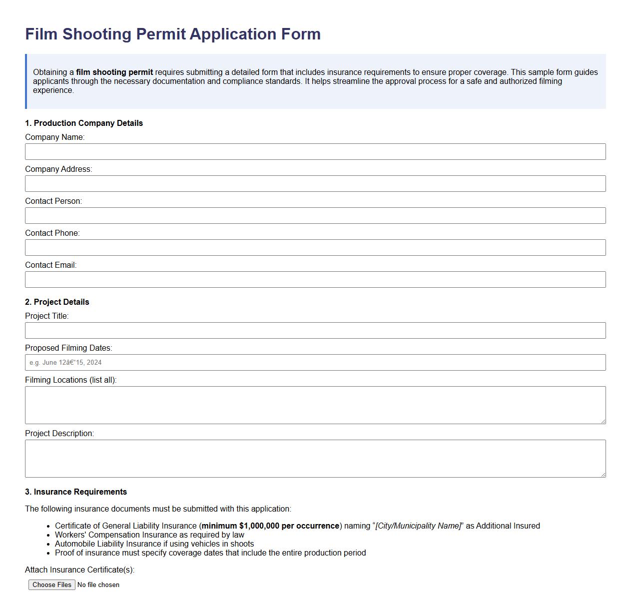 film shooting permit form sample with insurance requirements image preview