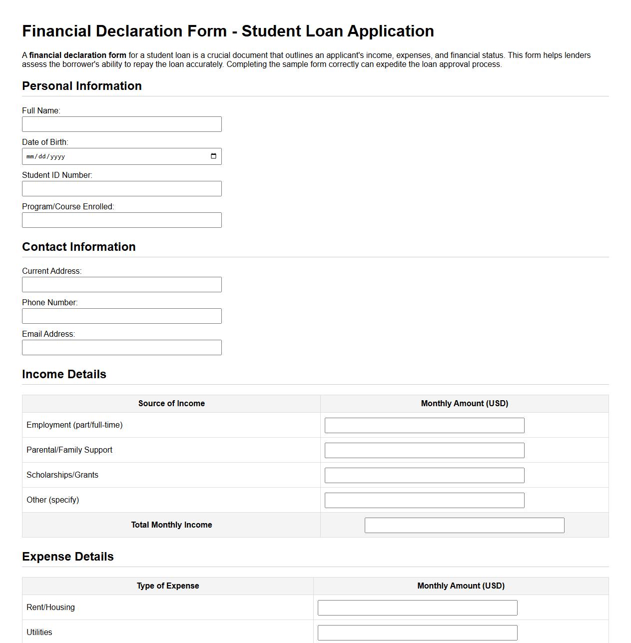 financial declaration form sample for student loan image preview