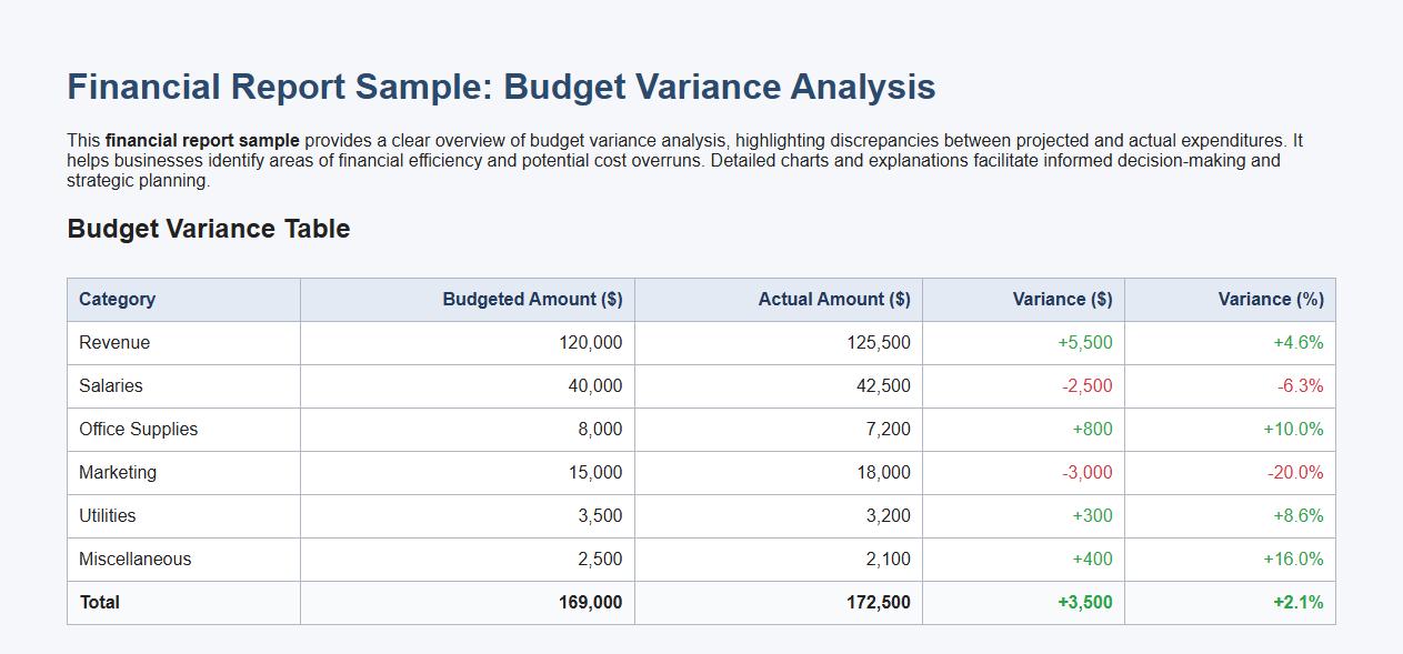 Financial report sample with budget variance analysis image preview