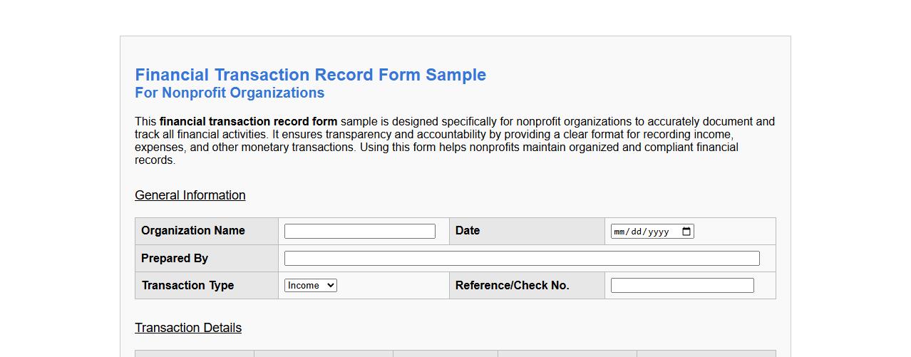 Financial transaction record form sample for nonprofit organizations image preview