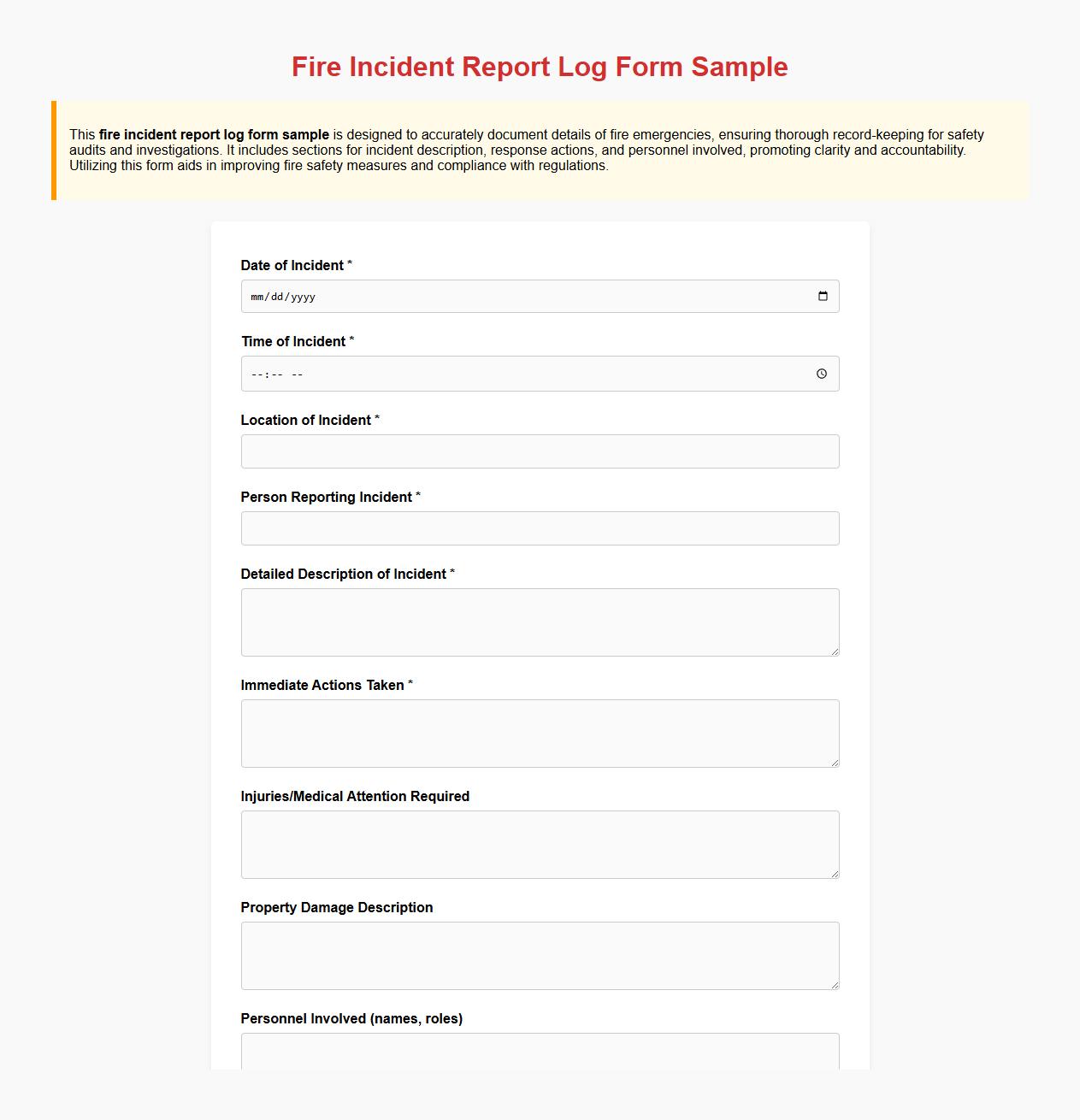 fire incident report log form sample image preview