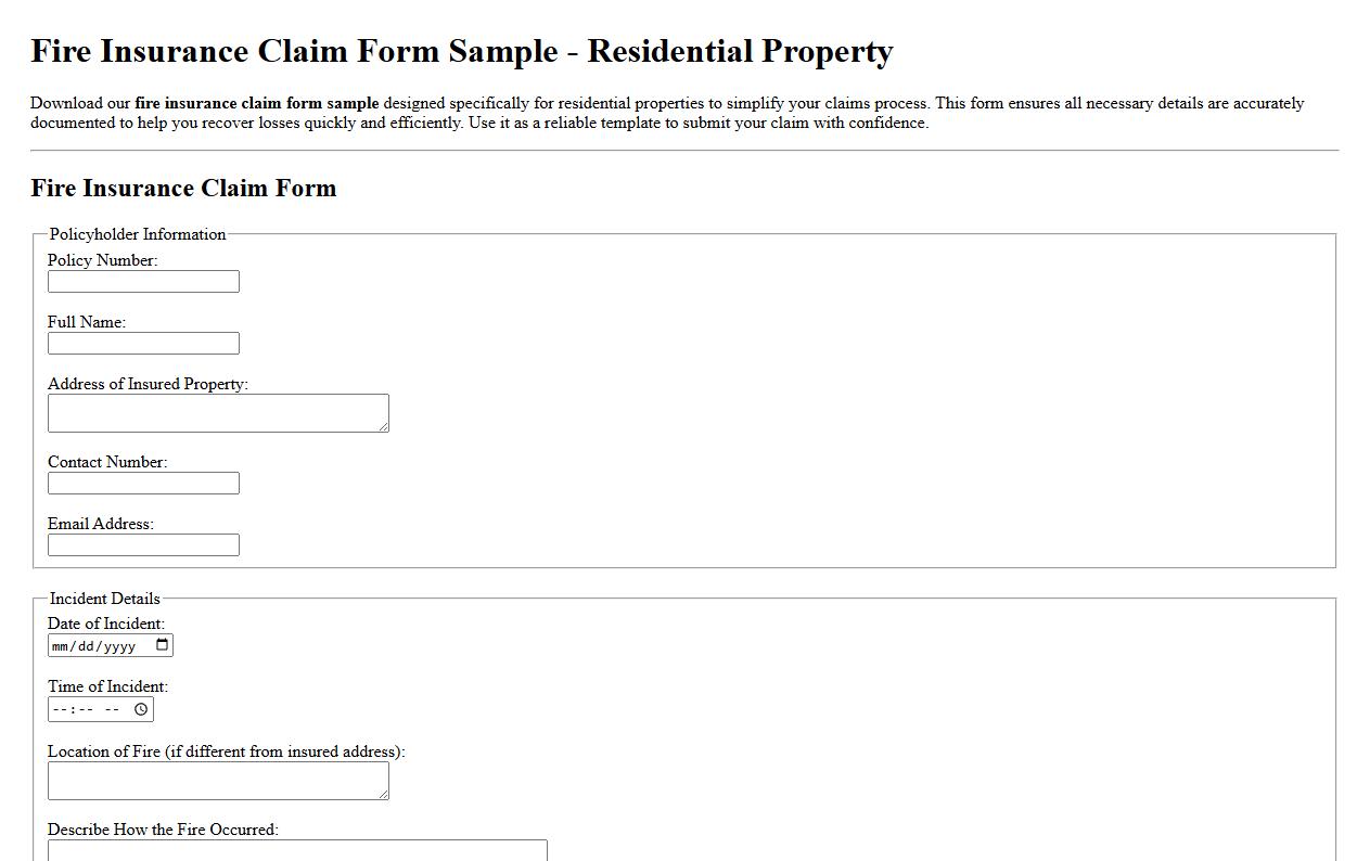 Fire insurance claim form sample for residential property image preview