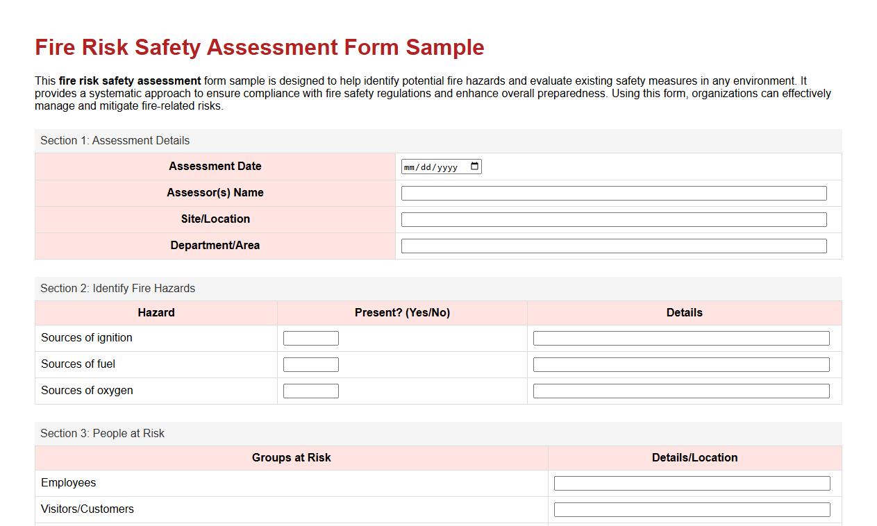 Fire risk safety assessment form sample image preview