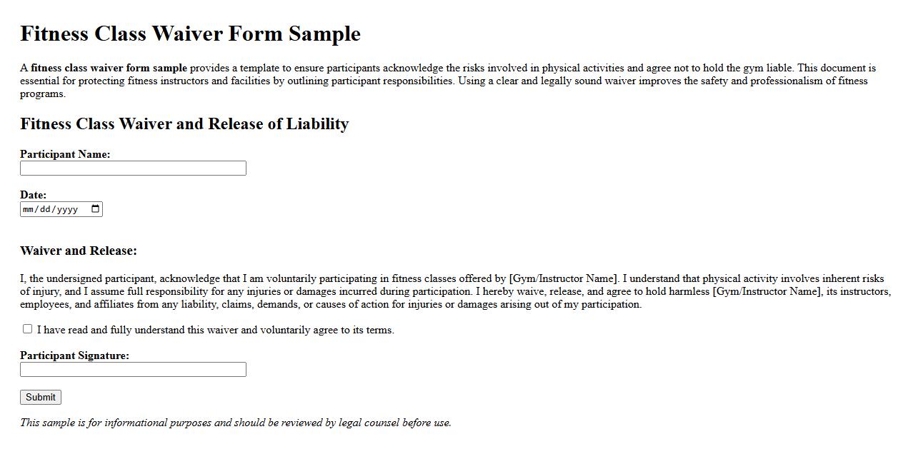 fitness class waiver form sample image preview