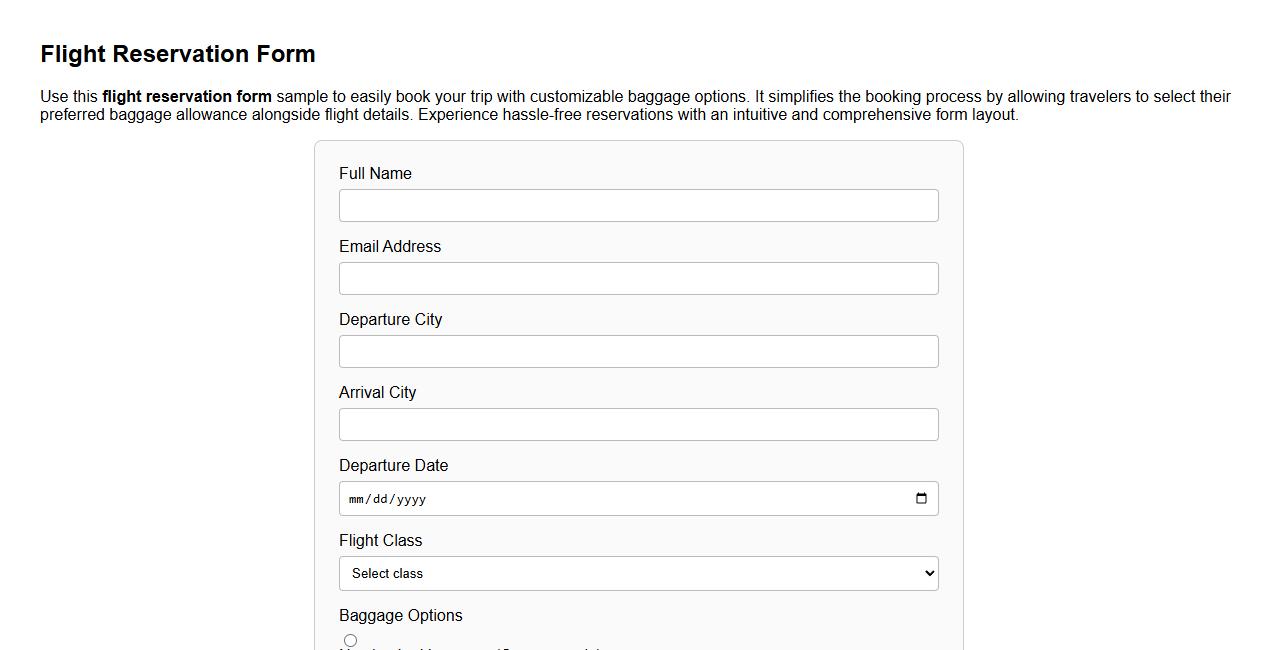 Flight reservation form sample including baggage options image preview