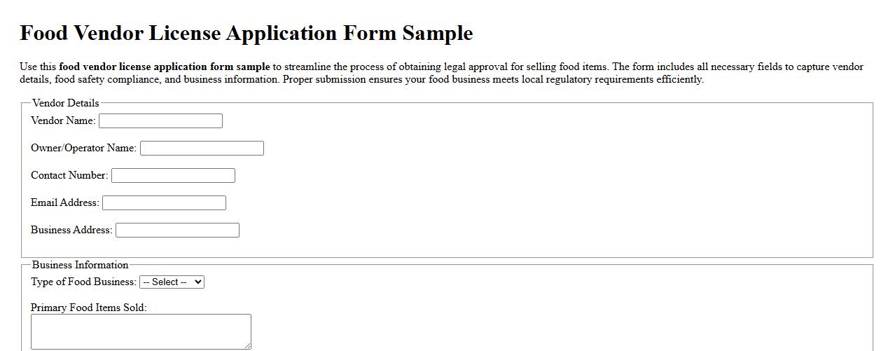 Food vendor license application form sample image preview