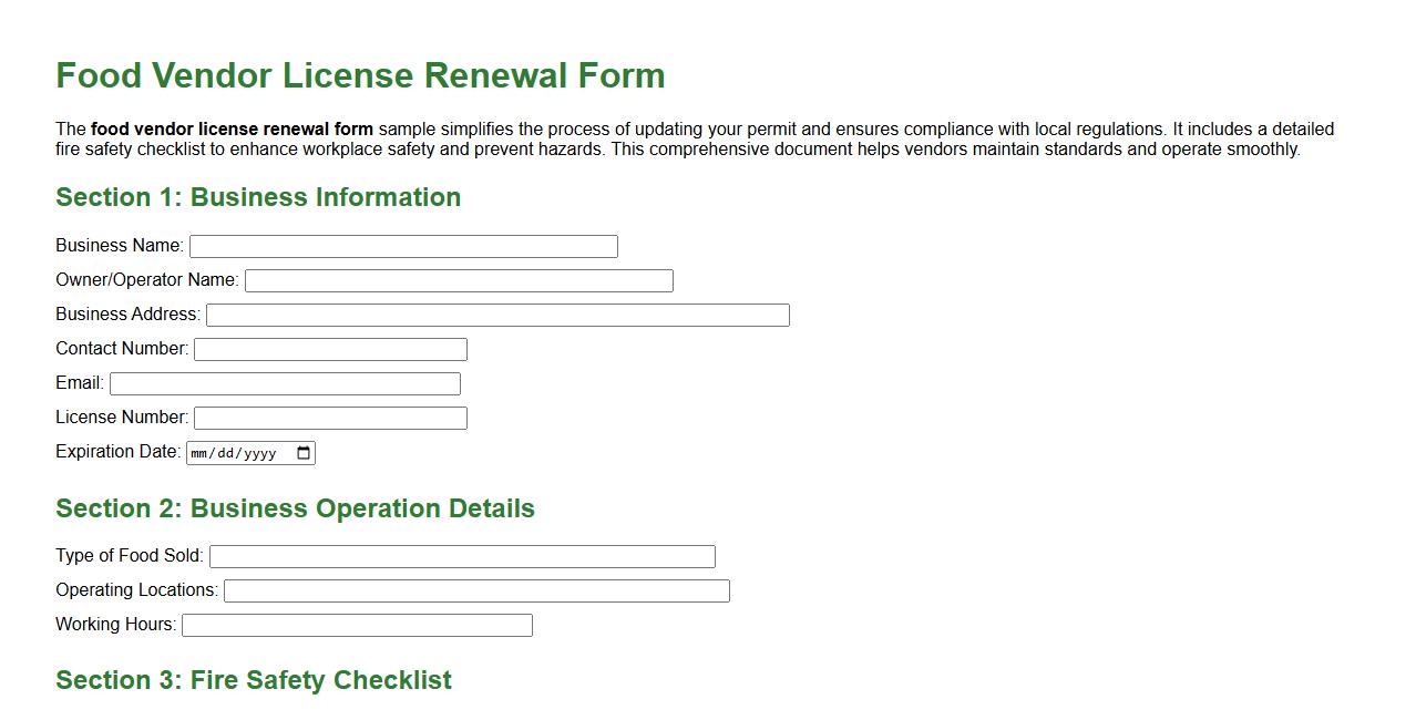 Food vendor license renewal form sample including fire safety checklist image preview
