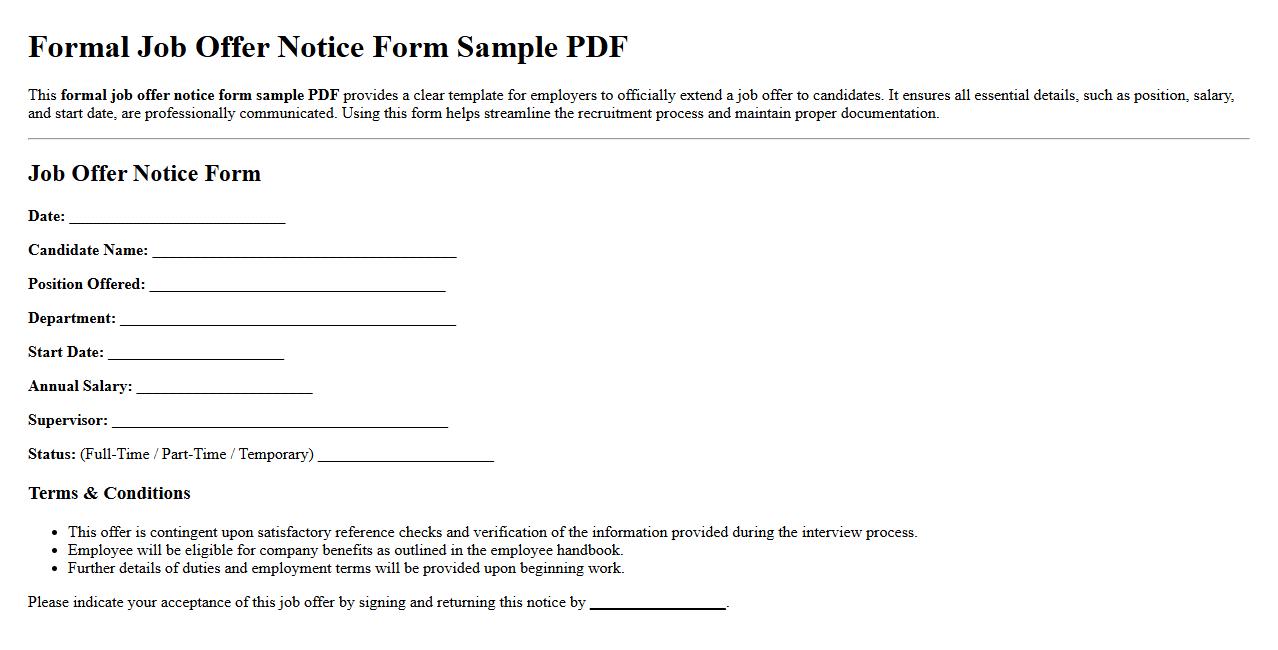 formal job offer notice form sample PDF image preview