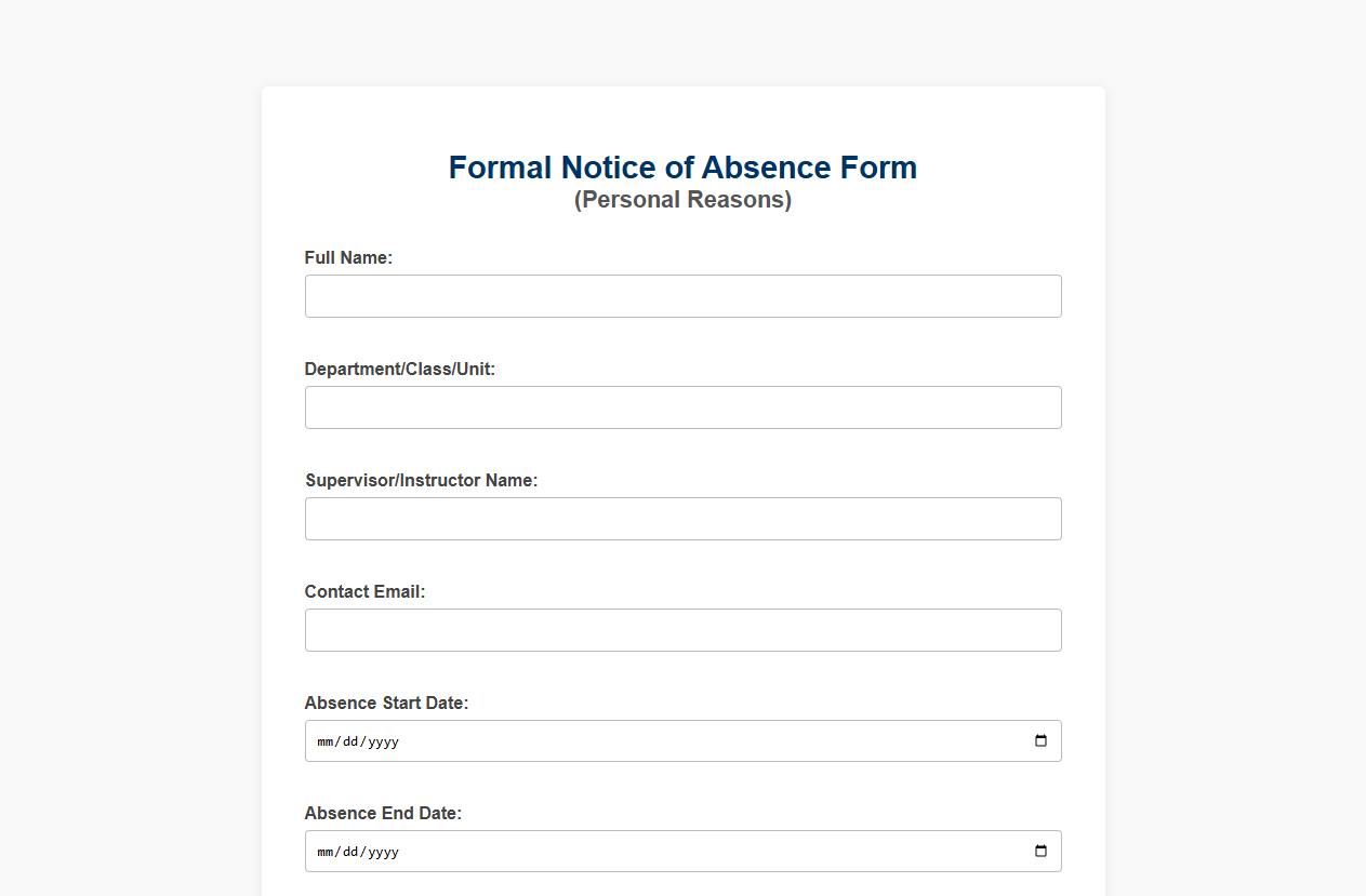 formal notice of absence form for personal reasons sample image preview