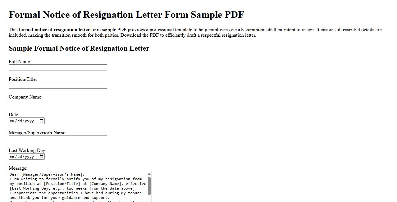 formal notice of resignation letter form sample pdf image preview