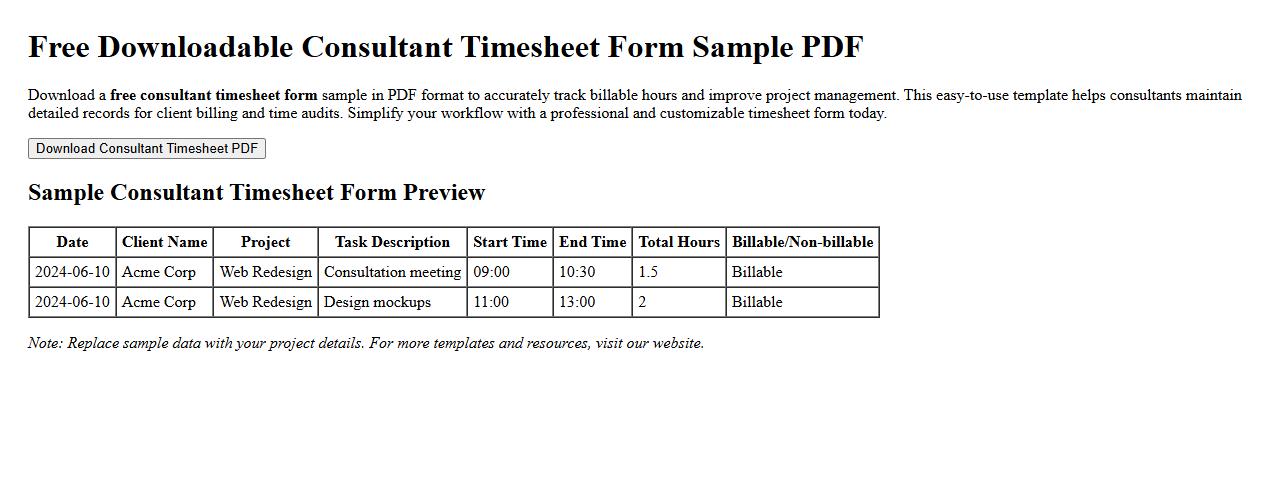 Free downloadable consultant timesheet form sample PDF image preview