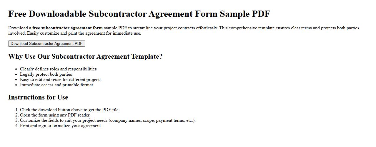 Free downloadable subcontractor agreement form sample PDF image preview