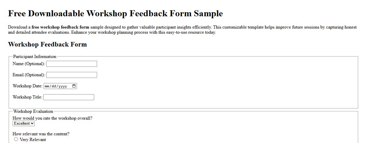 Free downloadable workshop feedback form sample image preview