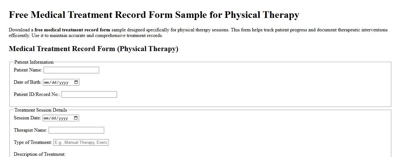 Free medical treatment record form sample for physical therapy image preview