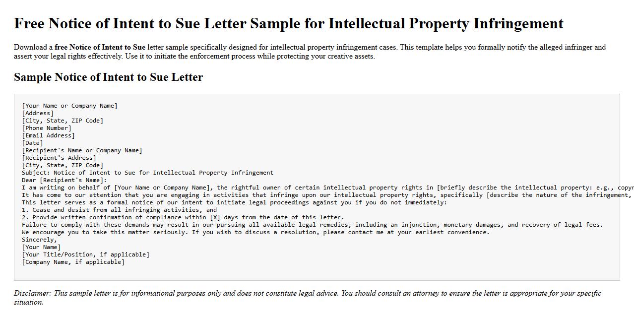 Free Notice of Intent to Sue letter sample for intellectual property infringement image preview