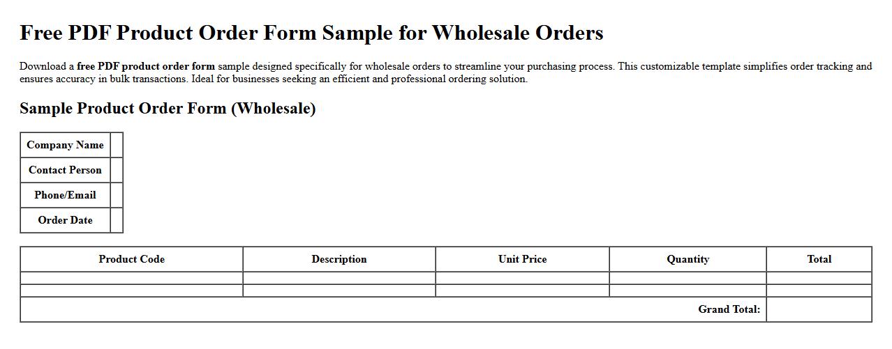 Free PDF product order form sample for wholesale orders image preview