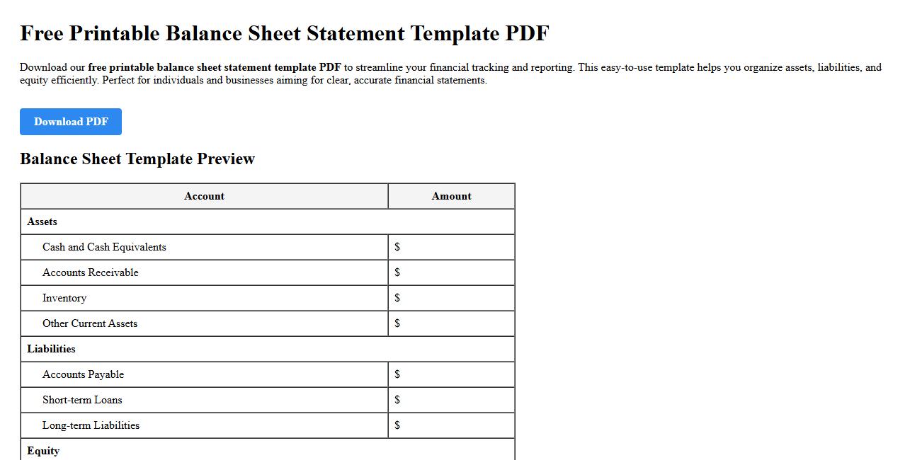 Free printable balance sheet statement template PDF image preview